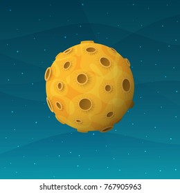 Yellow planet with craters is like a moon in space. 3d isometric illustration.