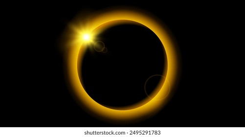 Yellow planet eclipse concept. Solar light glare effect. Abstract glowing sun crown in dark space. Earth halo with blazing edge. Vector illustration design for poster, banner, cover, brochure, booklet