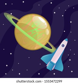 Yellow planet with green pattern on it and a green ring around it with a rocket