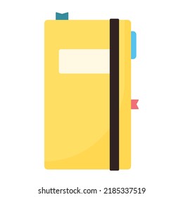 Planner amarillo sobre fondo blanco. Suministros escolares. Diseño plano.