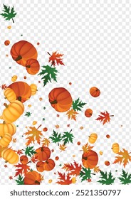 Yellow Plant Background Transparent Vector. Red Collection Set. Orange Leaves October Frame. Gourd Season. Holiday Banner.