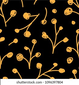 yellow plants on black background, vector seamless pattern