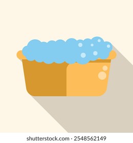Yellow plastic basin filled with blue soapy water for laundry washing, flat vector illustration with long shadow