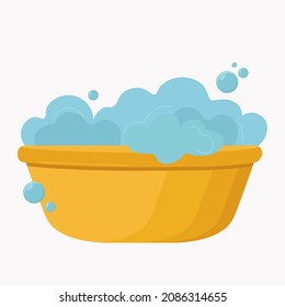 Yellow Plastic Basin With Soap Suds. Bowl With Water. Washing Clothes, Cleaning Equipment. Vector In Flat Style