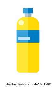 Yellow plastic bottle with blue label. Illustration of bottle of mineral water. Plastic bottle icon. Retail store element. Simple drawing. Isolated vector illustration on white background.