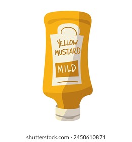 A yellow plastic bottle of mustard. Insulated yellow jar with sauce. Labels on labels. Suitable for branding condiments, advertising picnics, delicatessen menus and cooking blogs. Vector illustration