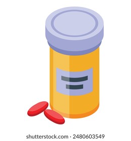 Yellow plastic bottle with pills lying next to it is standing on a white background