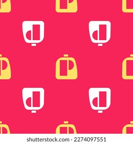 Yellow Plastic bottles for laundry detergent, bleach, dishwashing liquid or another cleaning agent icon isolated seamless pattern on red background.  Vector Illustration