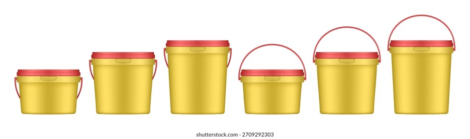 Cubos de plástico amarillo con asa y tapa rojas. Maqueta de Vector de un empaque de alimentos o mezclas de construcción. Un cubo de pintura o masilla. Tamaños Pequeños, Medianos y Grandes