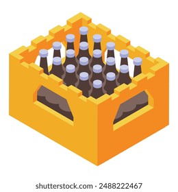 Yellow plastic crate holding sixteen bottles of beer with blue caps isometric illustration