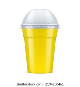 Yellow Plastic Cup with Lid For Single Use. Disposable Container Mockup for Drinks Isolated on White