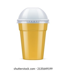 Yellow Plastic Cup with Lid For Single Use. Disposable Container Mockup for Drinks Isolated on White Backdrop