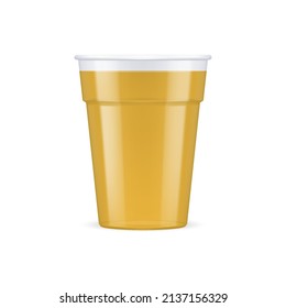 Copa De Plástico Amarillo Para Un Solo Uso. Colgador desechable de contenedores para bebidas aisladas en blanco