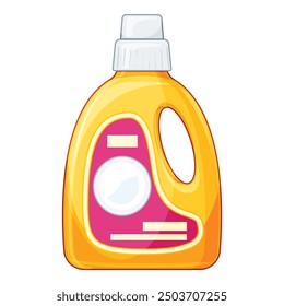 Yellow plastic detergent bottle with a white cap and a pink label standing on a white background