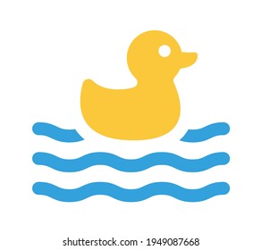 Yellow plastic duck floating on water vector illustration. Cute Kid toy for play in the bath icon.