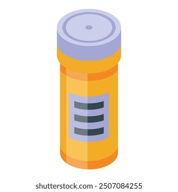 Yellow plastic medical pills bottle with label is standing on white background