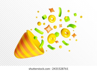 Yellow plastic party popper with flying paper confetti, stars and decorative elements for birthday or winner congratulation concept. Realistic 3d vector illustration of surprise festive firecracker.