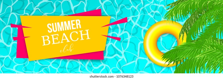 Yellow Plastic pool floater ring. Palm leaf tree. Hello summer vacation poster. Sea water pool waves vector background illustration. Travel tropical relax spa banner. Clear underwater template.