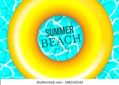 Yellow Plastic pool floater ring. Hello summer vacation poster. Sea water pool waves vector background illustration. Travel tropical relax spa banner. Clear underwater template.