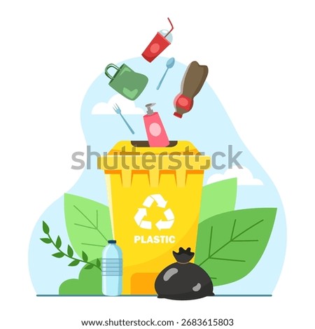 Yellow plastic recycling bin with various plastic waste items, flat graphic style, set on a nature-themed background. Concept of recycling. Vector illustration