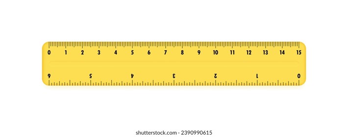 Regla de plástico amarillo de 15 centímetros. Herramienta de medición para el trabajo y el aprendizaje. Regla con doble cara que mide pulgadas y centímetros. Ilustración vectorial.