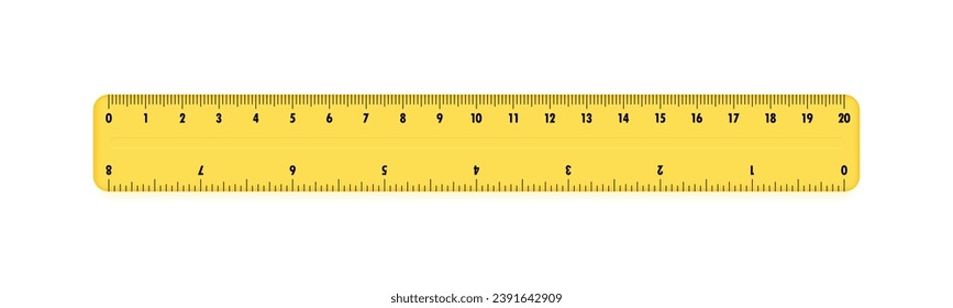 Yellow plastic ruler 20 centimeters. Measuring tool for work and learning. Ruler with double side measuring inches and centimeters. Vector illustration.