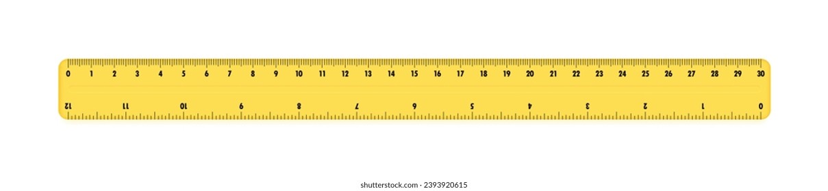 Yellow plastic ruler 30 centimeters. Measuring tool for work and learning. Ruler with double side measuring inches and centimeters. Vector illustration.