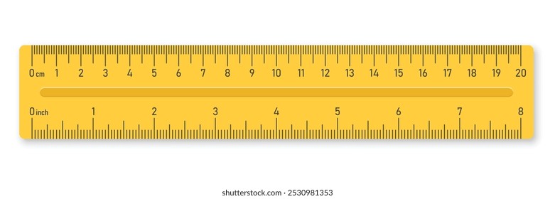 Ícone de régua de plástico amarelo em estilo plano. Ilustração do vetor da ferramenta de medição no plano de fundo isolado. Régua com polegadas e centímetros assinar conceito de negócios.