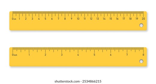 Ícone de régua de plástico amarelo em estilo plano. Ilustração do vetor da ferramenta de medição no plano de fundo isolado. Régua com polegadas e centímetros assinar conceito de negócios.