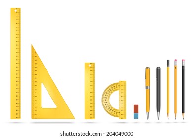 Yellow plastic ruler instruments and school equipment. Vector illustration.