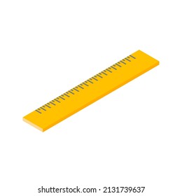 Regla de plástico amarillo con escala para la medición de la distancia de la ingeniería ilustración vectorial isométrica. Precisión del instrumento de la papelería clásica inclinación de la longitud geométrica de la medida del centímetro de ancho