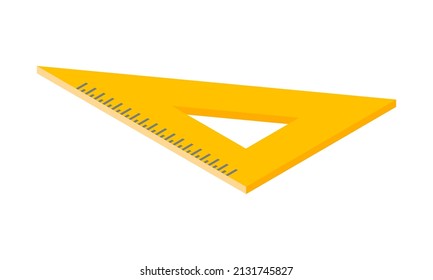 Yellow plastic ruler triangle measurement instruments and school equipment isometric vector illustration. Engineer mathematics measure number isolated. Geometry scale for constructor drafting