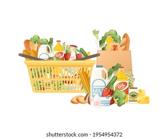 Yellow plastic shopping basket with fresh healthy grocery products snacks sausage and soda vector illustration isolated on white background