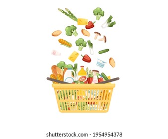 Yellow plastic shopping basket with fresh healthy grocery products snacks sausage and soda vector illustration isolated on white background