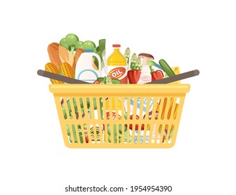 Yellow plastic shopping basket with fresh healthy grocery products snacks sausage and soda vector illustration isolated on white background