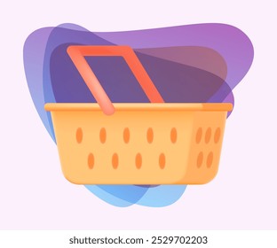 Yellow plastic shopping basket with red handle 3D icon. Empty container for goods and products from grocery store, supermarket or market 3D vector illustration on abstract background. Purchase concept