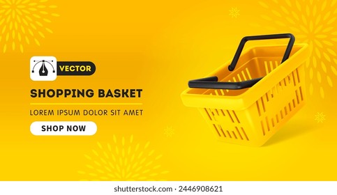 Yellow plastic shopping or grocery basket from supermarket, on vibrant yellow background with place for text. Advertising banner template with wide aspect ratio. 3d realistic vector illustration