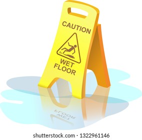 Yellow plastic sign "Caution wet floor", with the icon of a person. Shander cartoon isolate on white background. Safety care.