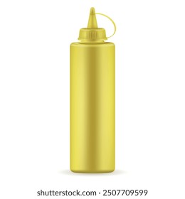 Yellow plastic squeeze bottle of mustard mockup realistic vector illustration. Cooking condiment container tube vertical squirt spice sauce ingredient dispenser jar for delicious cookery fast food