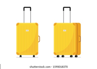 Yellow plastic suitcase for travel with wheels and retractable handle front and side view. Baggage bag for summer vacatoin jourmey flat vector illustration