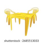 Yellow plastic table and yellow plastic chairs. Isolated on a white background.