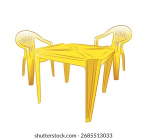 Gelber Kunststofftisch und gelbe Kunststoffstühle. Einzeln auf weißem Hintergrund.