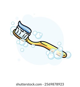 Yellow Plastic Toothbrush with Toothpaste Cartoon Icon Vector Illustration. Isolated background.