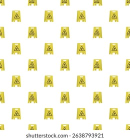 Yellow plastic warning sign seamless pattern. Caution wet floor, slippery way. Texture with placard for slick wet floor, wallpaper template isolated on white background. flat vector illustration