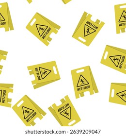 Yellow plastic warning sign seamless pattern. Caution wet floor, slippery way. Texture with placard for slick wet floor, wallpaper template isolated on white background. flat vector illustration