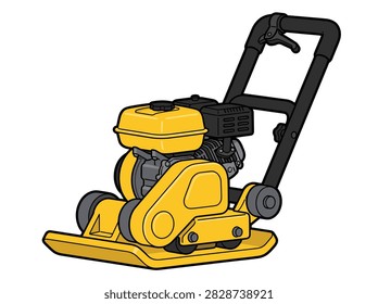 Yellow plate compactor cartoon illustration, vibratory compaction equipment for road construction isolated on white background. Heavy machinery vector art for building site concepts.