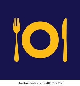 Yellow plate fork knife vector illustration. Blue background