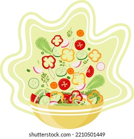 A yellow plate of salad and cucumbers, tomatoes, onions, lettuce, bell peppers and carrots falling into it in a bowl. Vector isolated illustration on a light green background.