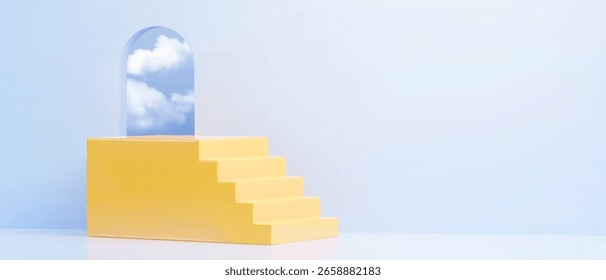 Gelbe Plattform mit aufsteigender Treppe und Himmelsblick durch Bogenfenster - minimalistische geometrische Stufen nach oben, Wolkenreflexion durch Türbogen oben. Architekturelement für Präsentationen.