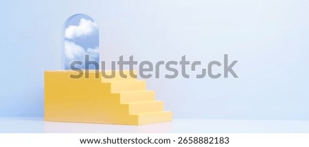 Yellow platform with ascending stair and sky view through arch window - minimalist geometric steps leading upward, cloud reflection through doorway arc above. Architecture element for presentations.